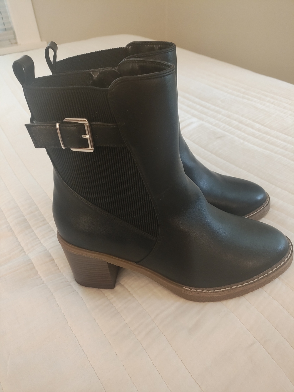 Women's Black Leather-Look Ankle Bootie with Buckle